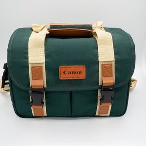 Vintage Canon Green Canvas Camera Bag Large W/ Organizer Pockets Shoulder Strap